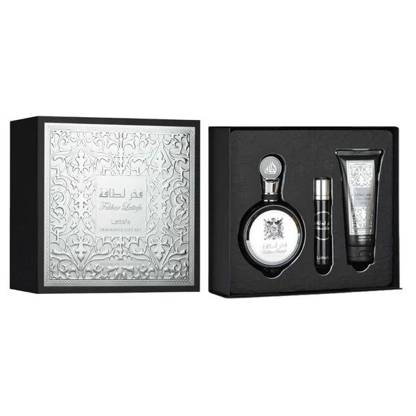 LATTAFA FAKHAR BLACK EDP ESTUCHE HOMBRE 100ML+12ML+GEL